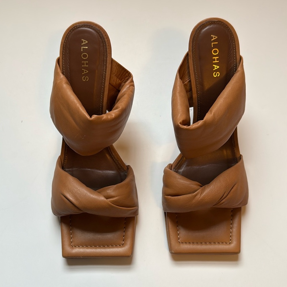 Alohas Twist Strap Leather Mule Heeled Sandals Tan Brown Square Toe Size 40